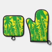 Tropical Palm Trees in Green and Yellow on an Oven Mitt & Pot Holder Set