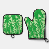 Tropical Palm Trees in Green on an Oven Mitt & Pot Holder Set