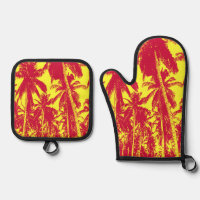 Tropical Palm Trees in Red and Yellow on an Oven Mitt & Pot Holder Set