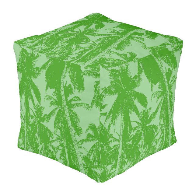 Tropical Palm Trees Leaf Pattern Design in Green Pouf (Angled Front)