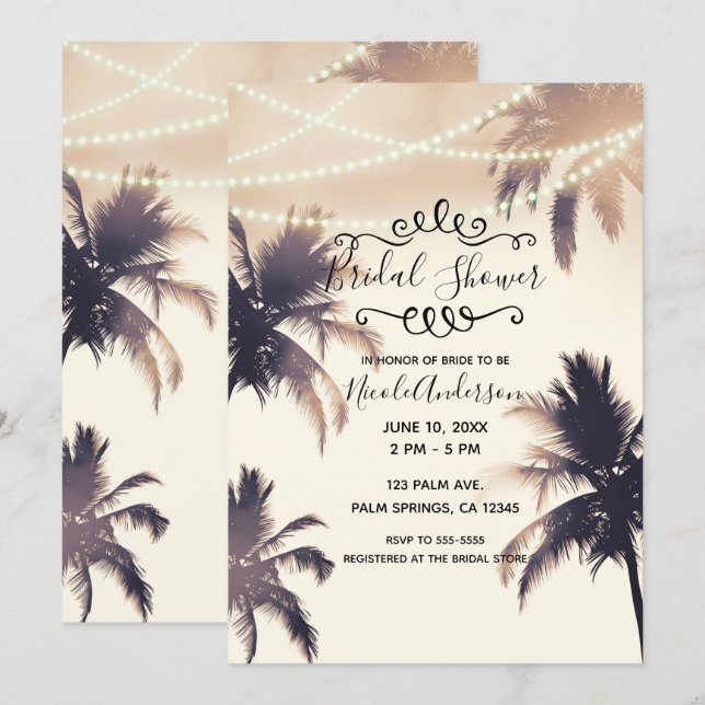Tropical Palm Trees & Lights Cream Bridal Shower Invitation (Front/Back)