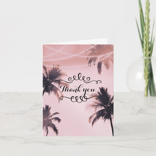 Tropical Palm Trees & Lights Pink Beach Thank You Card (Front)