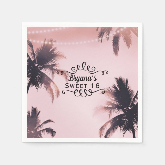Tropical Palm Trees & Lights Pink Beachy Beach Napkins (Front)