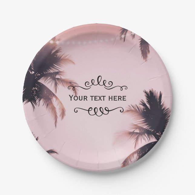 Tropical Palm Trees & Lights Pink Beachy Beach Paper Plates (Front)