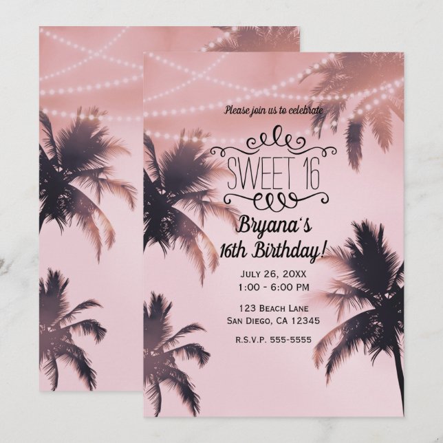 Tropical Palm Trees & Lights Pink Beachy Sweet 16 Invitation (Front/Back)