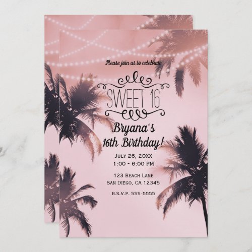 Tropical Palm Trees  Lights Pink Beachy Sweet 16 Invitation