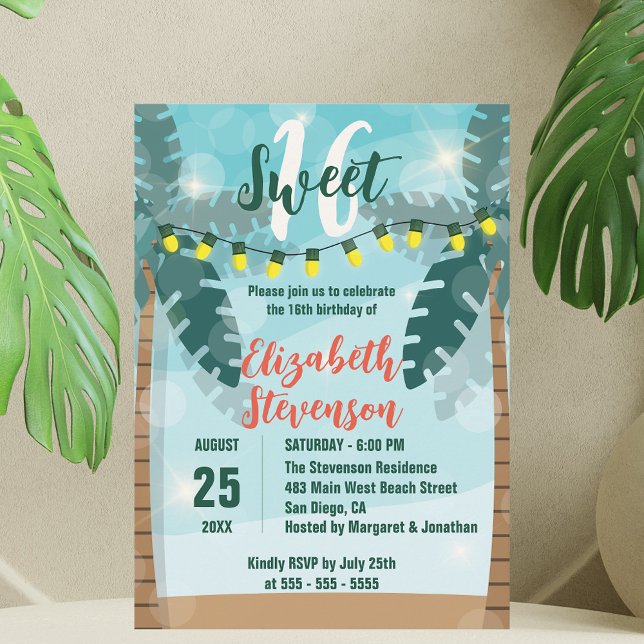 Tropical Palm Trees Lights Sweet 16 Birthday Invitation (Creator Uploaded)