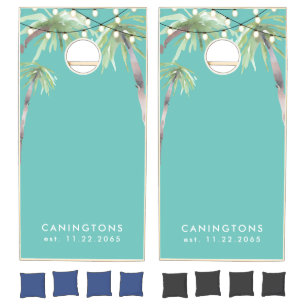 Tropical Palm Trees & Lights Turquoise Beachy Cornhole Set