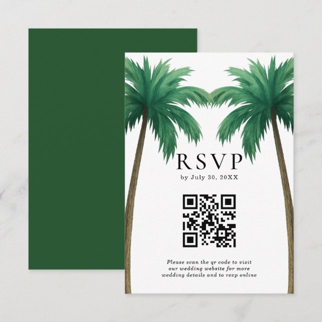 Tropical Palm Trees Minimal Beach Wedding QR Code RSVP Card (Front/Back)