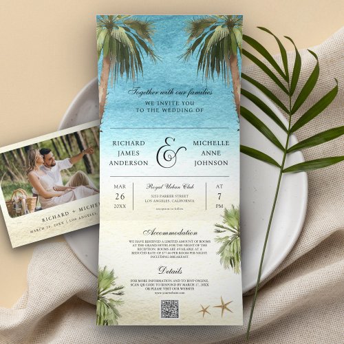 Tropical Palm Trees Modern Beach QR Code Wedding Tri_Fold Invitation
