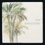 Tropical Palm Trees Modern Beach Stone Coaster<br><div class="desc">This coaster design features a group of beautiful tropical lush green and brown watercolor palm trees on a simple,  clean white background. Perfect for a beach lover or a beach house. Personalize it with your family name. Created by Simply Farmhouse Press.</div>