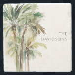 Tropical Palm Trees Modern Beach Stone Coaster<br><div class="desc">This coaster design features a group of beautiful tropical lush green and brown watercolor palm trees on a simple,  clean white background. Perfect for a beach lover or a beach house. Personalize it with your family name. Created by Simply Farmhouse Press.</div>