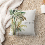 Tropical Palm Trees Modern Beach Throw Pillow<br><div class="desc">This throw pillow design features a group of beautiful tropical lush green and brown watercolor palm trees on a simple,  clean white background. Perfect for a beach lover or a beach house. Personalize it with your family name. Created by Simply Farmhouse Press.</div>