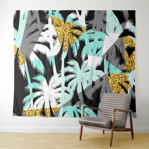 Tropical palm trees modern geometric pattern tapestry