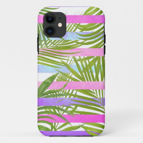 Tropical palm trees modern pink violet stripes iPhone 11 case