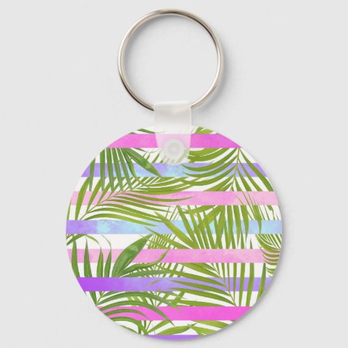 Tropical palm trees modern pink violet stripes keychain