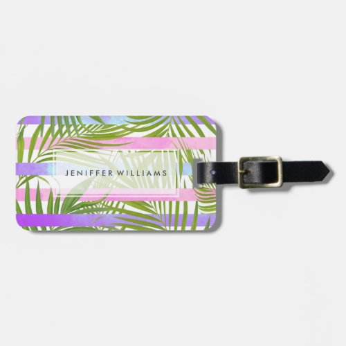 Tropical palm trees modern pink violet stripes     luggage tag