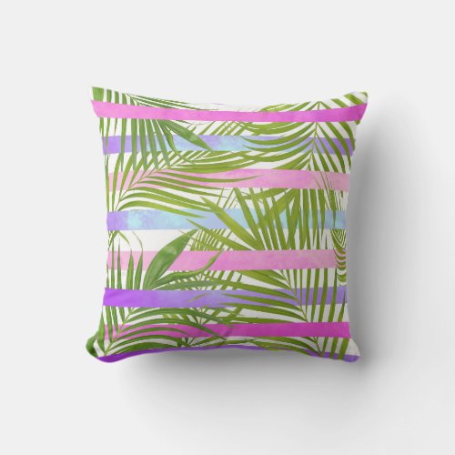 Tropical palm trees modern pink violet stripes throw pillow