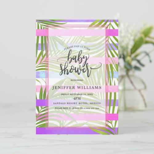 Tropical palm trees modern pink violet sweet 16 in invitation