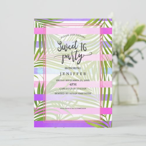 Tropical palm trees modern pink violet sweet 16 invitation