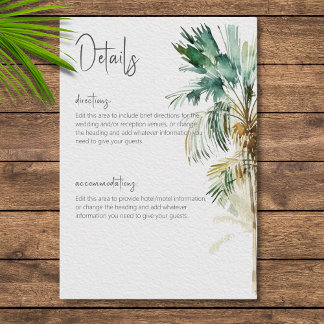 Tropical Palm Trees Modern Wedding Details Enclosure Card