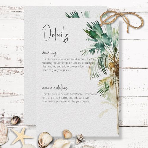 Tropical Palm Trees Modern Wedding Details Enclosure Card