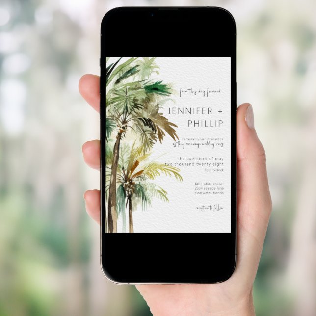 Tropical Palm Trees Modern Wedding Invitation (Front Digital)