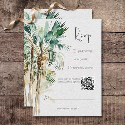 Tropical Palm Trees Modern Wedding QR Code RSVP Card