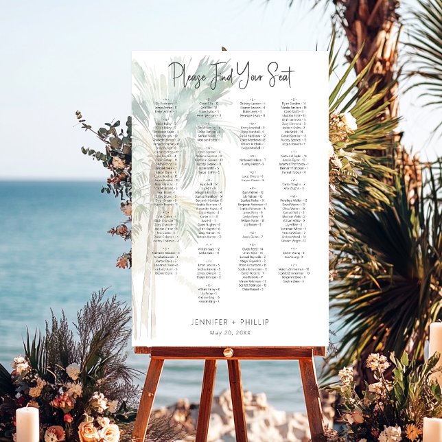 Tropical Palm Trees Modern Wedding Seating Chart Foam Board (Tropical Palm Trees Modern Wedding Alphabetical Seating Sign)