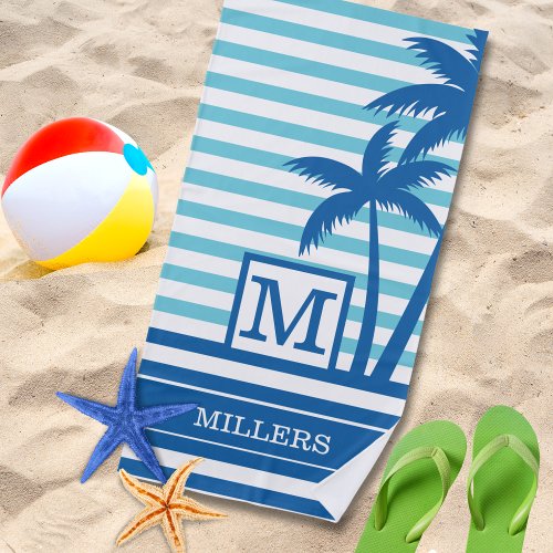 Tropical Palm Trees Monogram Name Aqua Blue Stripe Beach Towel