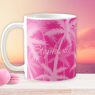 Tropical Palm Trees Monogrammed Hot Pink Coffee Mug