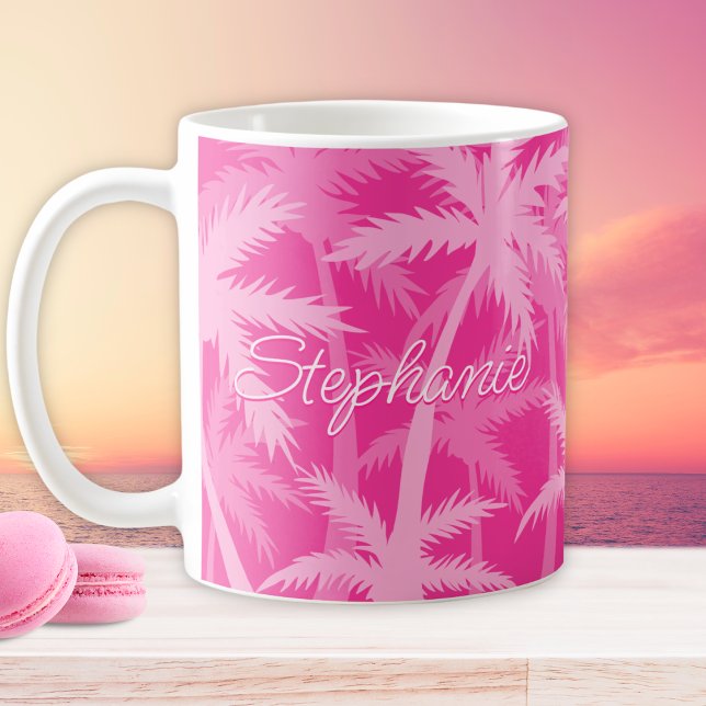 Tropical Palm Trees Monogrammed Hot Pink Coffee Mug (Creator Uploaded)