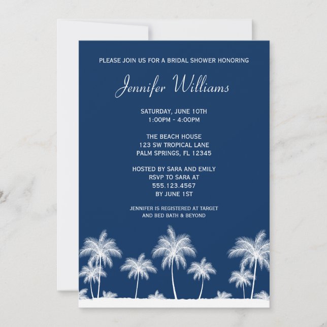 Tropical Palm Trees Navy Bridal Shower Invitation (Front)