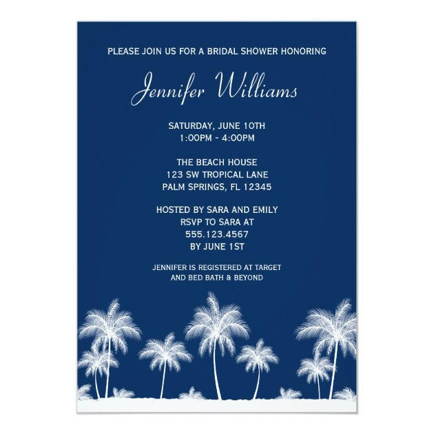 Tropical Palm Trees Navy Bridal Shower Invitation