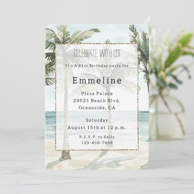 Tropical Palm Trees Ocean Beach Birthday   Invitation (Standing Front)