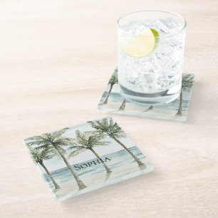 Tropical Palm Trees Ocean Beach Glass Coaster