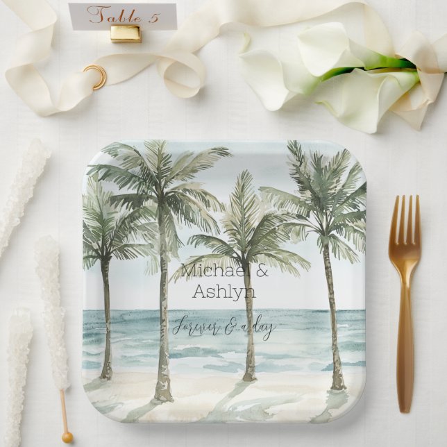 Tropical Palm Trees Ocean Beach Wedding Paper Plates (Wedding)