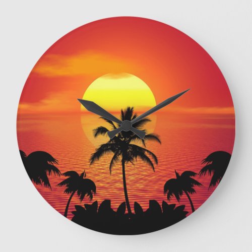 Tropical Palm Trees Ocean Horizon Sunset Large Clock