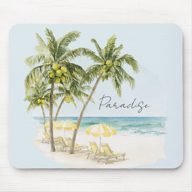 Tropical Palm Trees Ocean Yellow Umbrellas Mouse Pad (Front)