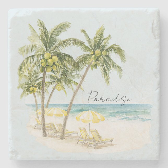 Tropical Palm Trees Ocean Yellow Umbrellas Stone Coaster (Front)