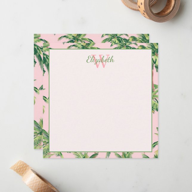 Tropical Palm Trees on Pink Monogram Note Card (Front/Back In Situ)