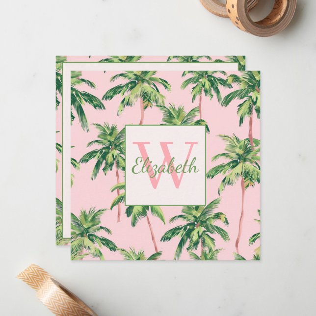 Tropical Palm Trees on Pink Monogram Note Card (Front/Back In Situ)