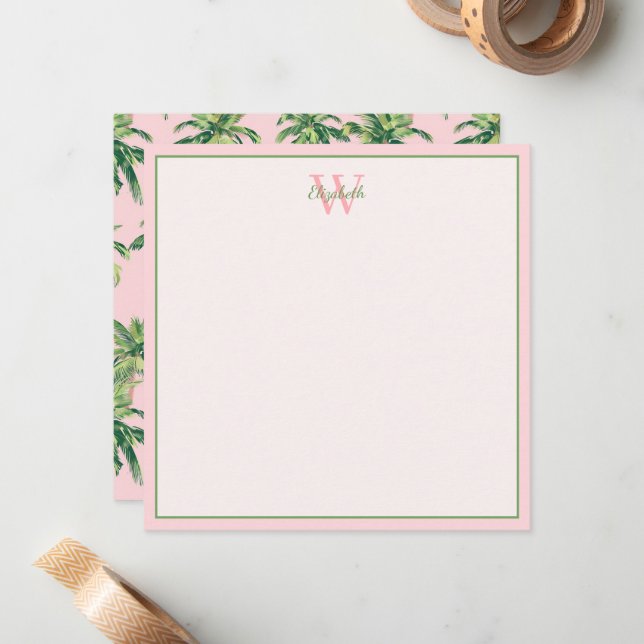 Tropical Palm Trees on Pink Monogram Note Card (Front/Back In Situ)