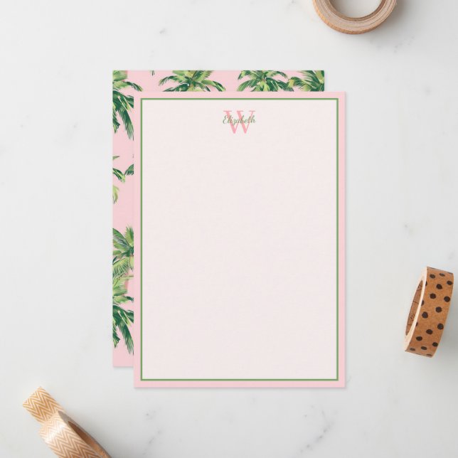 Tropical Palm Trees on Pink Monogram Note Card (Front/Back In Situ)