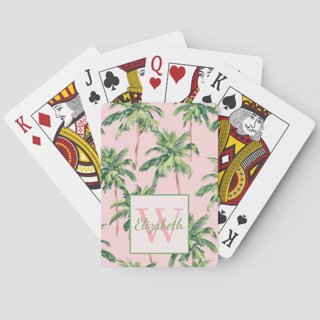 Tropical Palm Trees on Pink Monogram Poker Cards (Back)