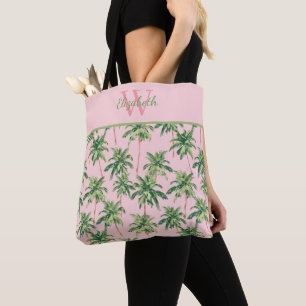 Tropical Palm Trees on Pink Monogram Tote Bag