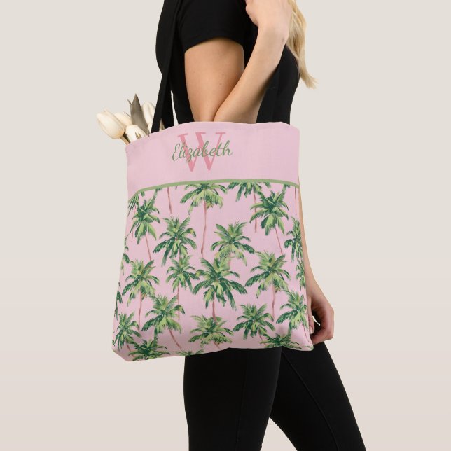 Tropical Palm Trees on Pink Monogram Tote Bag (Close Up)
