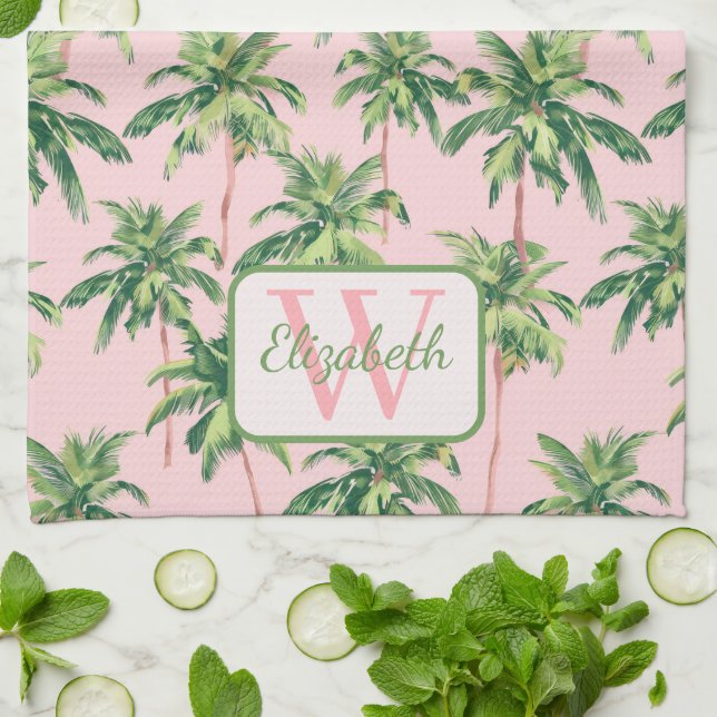 Tropical Palm Trees on Pink Personalized Kitchen Towel (Folded)