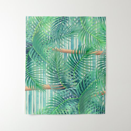 Tropical palm trees on teal stripes tapestry