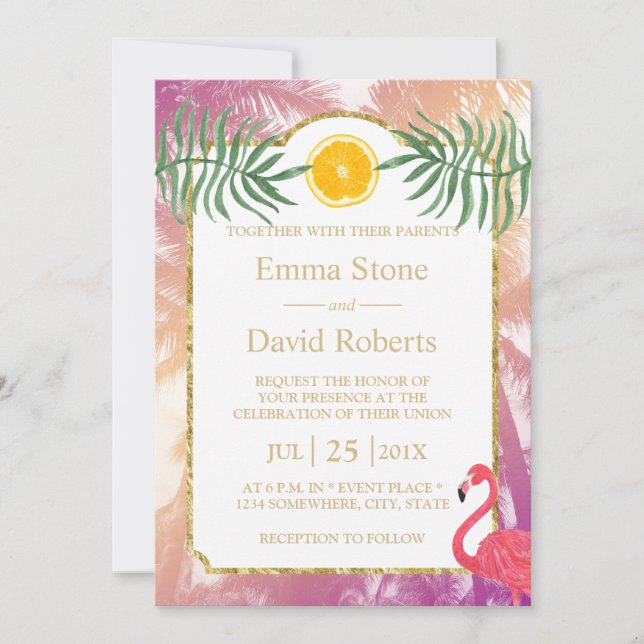 Tropical Palm Trees & Orange Fruit Summer Wedding Invitation (Front)